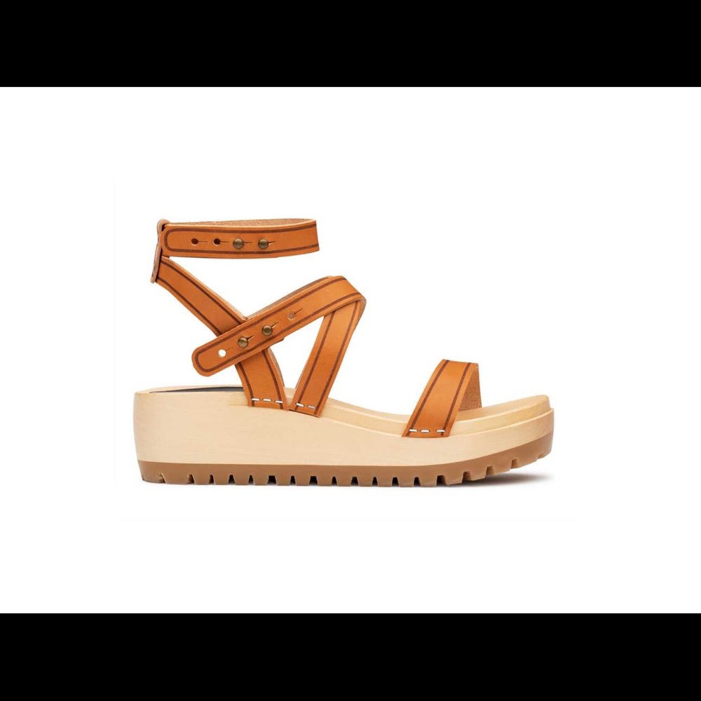 Swedish Hasbeens Tan Leather Wooden Platform Sandals Designer Clogs - Picture 3 of 9
